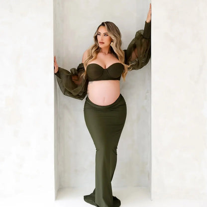 nvxiot  -  Blackish Green Tulle Maternity Photography Dress Set Off-shoulder Plus Size Sexy Pregnancy Gown for Women Photoshoot 2024