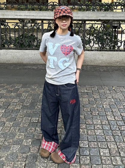 vzyzv  -  Baggy Plaid Jeans Pants Women Retro Harajuku Letter Embroidery Korean Straight Wide Leg Denim Trousers Y2k HipHop Casual