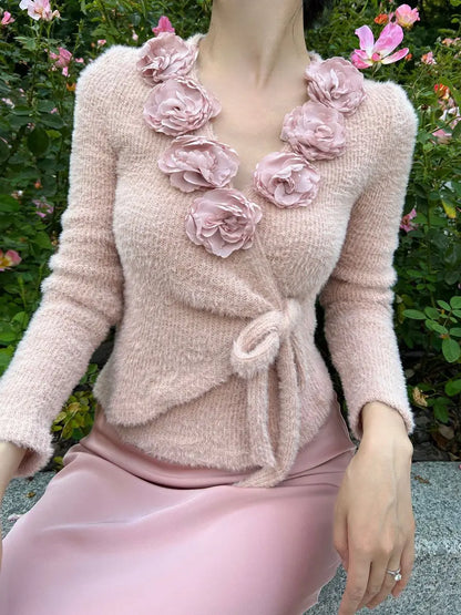 vzyzv  -  Pullover 3D Flowers French Vintage Slim Women Korean Long Sleeve Elegant Tops Female Retro Knitted Chic Fairy Clothing