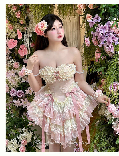 vzyzv -  Fairy Spring and Summer Lace Romantic Atmosphere Slimming Dress Pink Apricot Ruffled Tube Top Mini Princess Dresses for Party