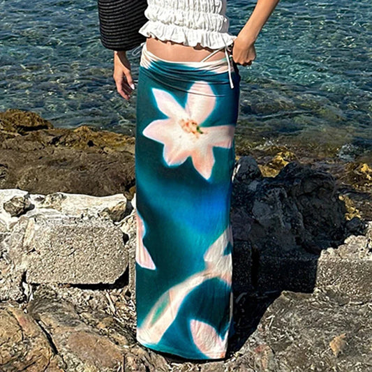 vzyzv  -  Retro Flower Print Elegant Hip-Hugging Long Skirt Women's Low-Waist Fashion Sexy Slim Tie-Dye Skirt Beach Holiday Summer