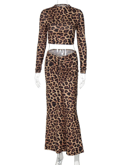 vzyzv  -  Women's Leopard Print Cropped T-shirt + Long Skirts Two Piece Set Elegant Folds Bodycon Dresses Suit Holiday Party Outfit