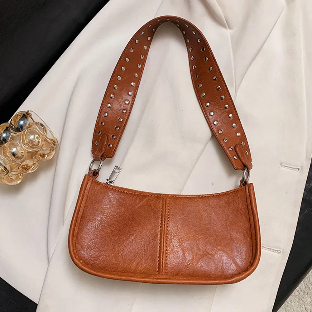 vzyzv  -  Women Retro Shoulder Bag Studded Decor Underarm Satchel Bag Adjustable Strap Leather Tote Bag PU Tote Handbag Girl Stylish Purse