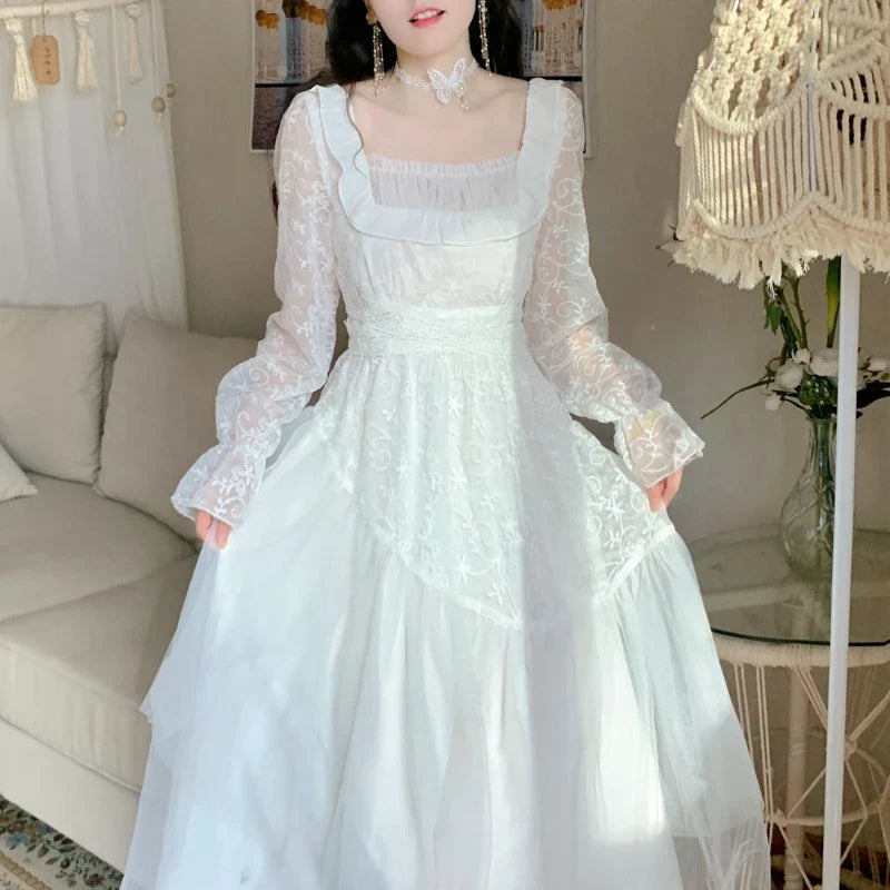 vzyzv -  Vintage Elegant Evening Party Long Dress Women Lace France Retro Princess Fairy White Korea Sweet Dress Female Summer