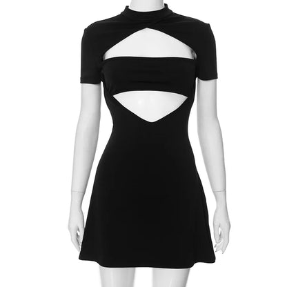 vzyzv  -  Fashion Sexy Hollow Out High Waisted Dress For Women Slim Fit Short Sleeves Mini Dress Black Clubs Party Dress Pullover