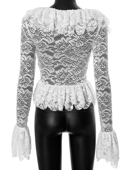 vzyzv  -  Splice Lace Square Collar See-through Top For Women Fashion Slim Sexy Flare Long Sleeve White T-Shirt Female Pullover New