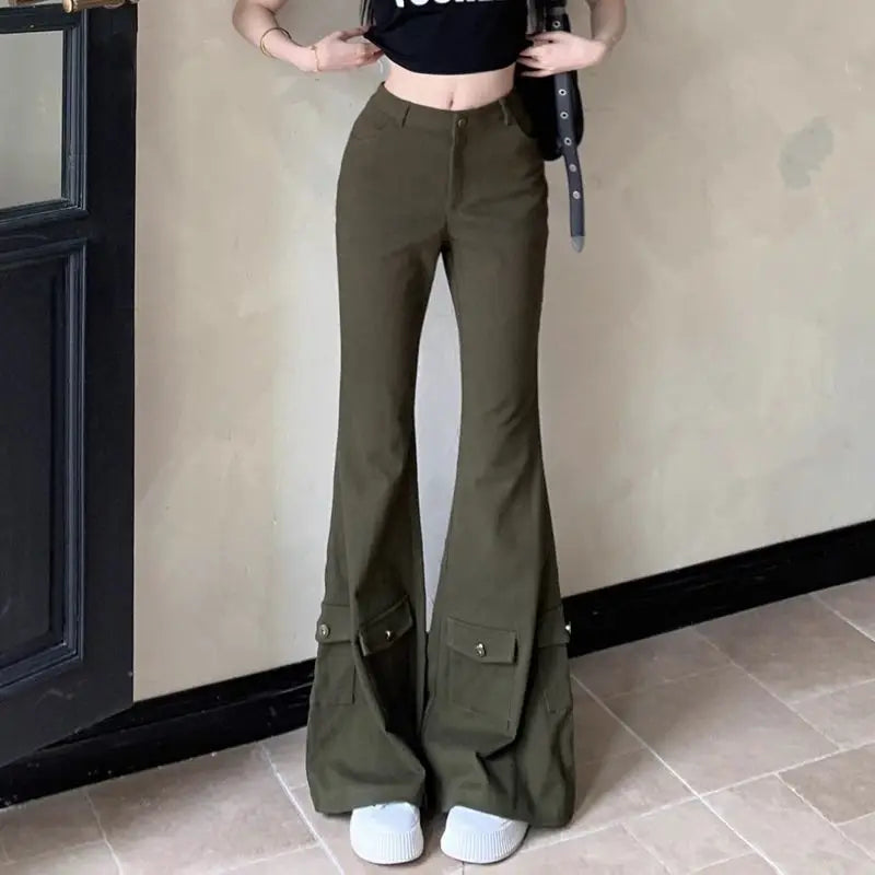 vzyzv  -  Cargo Jeans, Army Green Multi-Pocket Women'S Slimming American Retro High-Waisted Boot-Cut Trousers Floor-Length Trousers