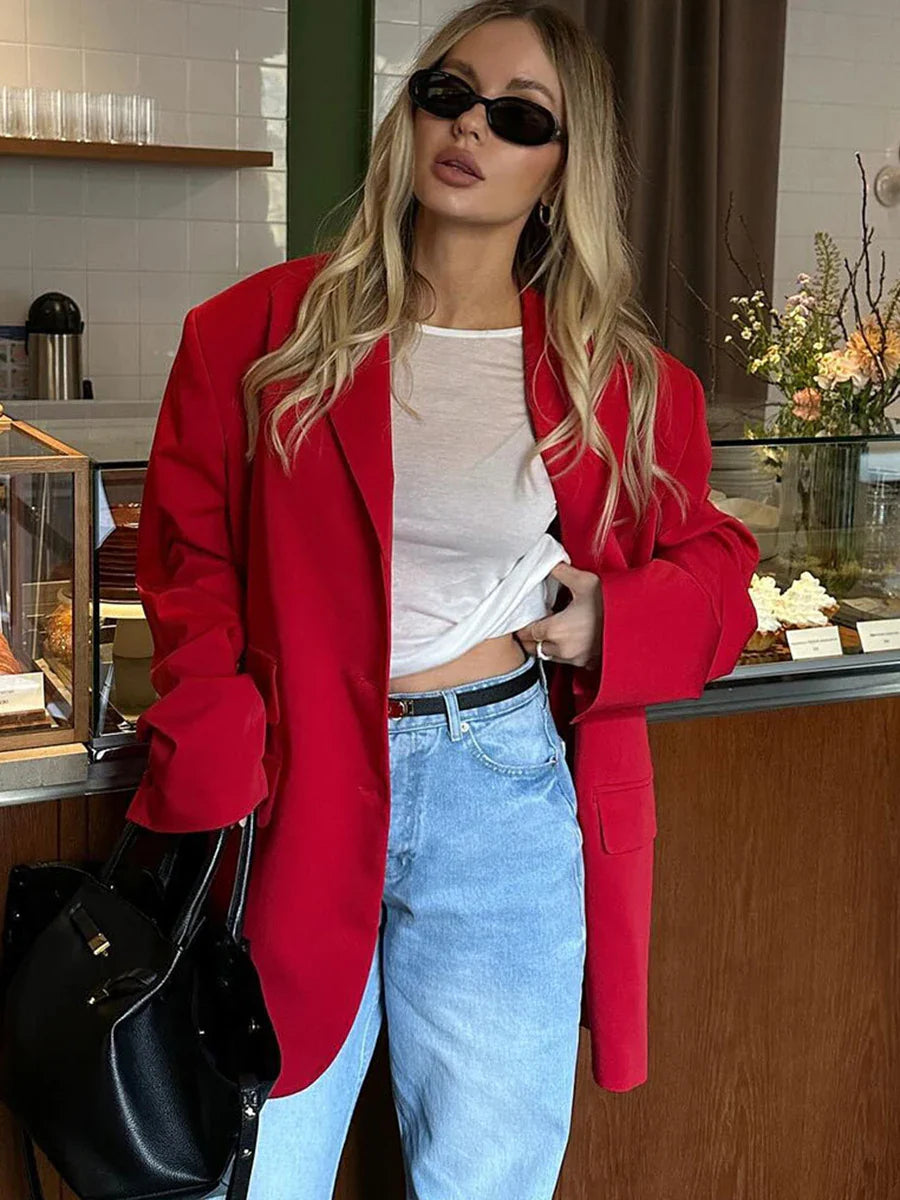 vzyzv  -  Autumn Red Fashion Blazer Women 2024 New Single Breasted Long Sleeve Pockets Outerwear Streetwear Fashion Casual Jackets Female