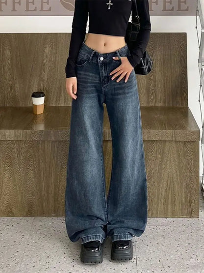 vzyzv  -  Vintage Blue Jeans Women Streetwear Casual Baggy Pants Wide Leg Korean Fashion Basic Denim Trousers High Street