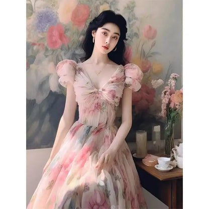 vzyzv -  High end French Hepburn Style Unique Pink Flower Long Dress Summer Sweet Bubble Sleeve Waist Slimming Vintage Dress for Women