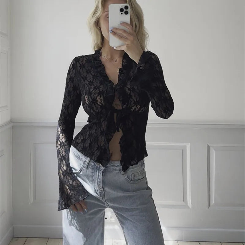 vzyzv  -  Tie Front Sheer Slim Crop Cardigan Clubwear blusa mujer moda Elegant Women Summer Lace Floral Tops Flare Long Sleeve