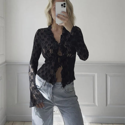 vzyzv -  Tie Front Sheer Slim Crop Cardigan Clubwear blusa mujer moda Elegant Women Summer Lace Floral Tops Flare Long Sleeve