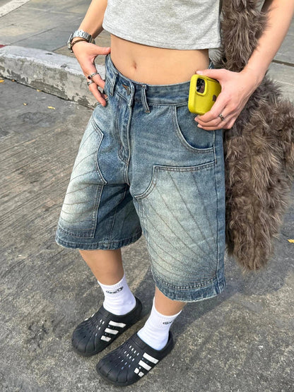 vzyzv -  Summer Women American Vintage 2000s Gyaru Knee Length Jean Shorts Denim Pants Japanese Y2k Streetwear Harajuku Fashion Grunge