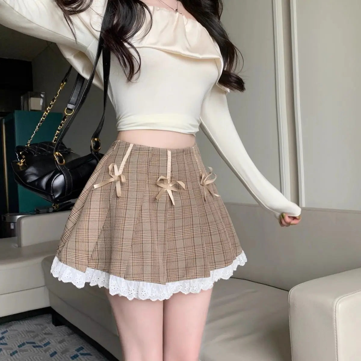 vzyzv  -  Pleated Skirt Plaid Bow High Waist American Korean Style Niche Sweet And Cool Skirt Lace Splicing A-Line Short Skirt For Women