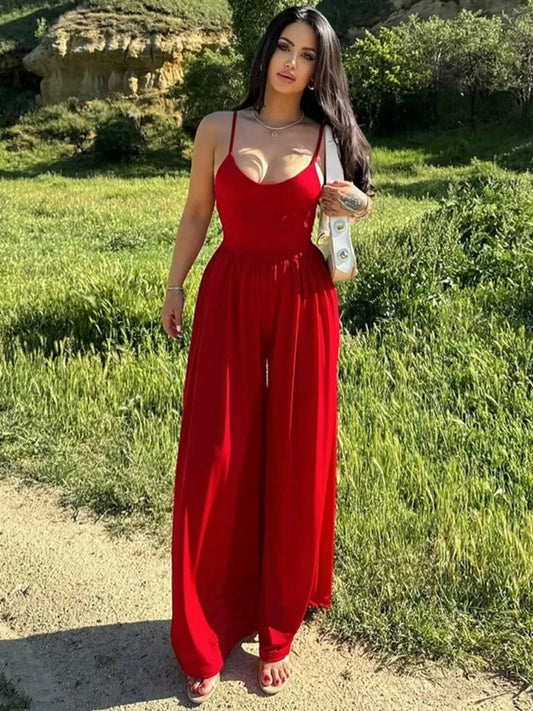 vzyzv -  Women's Clothing 2024 Summer Suspender Jumpsuits Streetwear V-neck Sleeveless High Waist Backless Overalls Red Black Streetwear