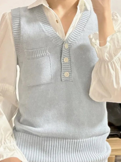 vzyzv  -  Casual Women Blue Front Buttons Knit Tank Tops Fall Fashion Solid Color V Neck Sleeveless Vests Female Chic Tops