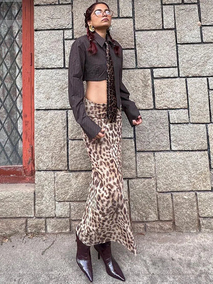 vzyzv  -  Leopard Print Maxi Skirt Women's Summer Slim Fashion Patchwork High Waist Streetwear Party Maxi Dress Elegant Maxi Skirt