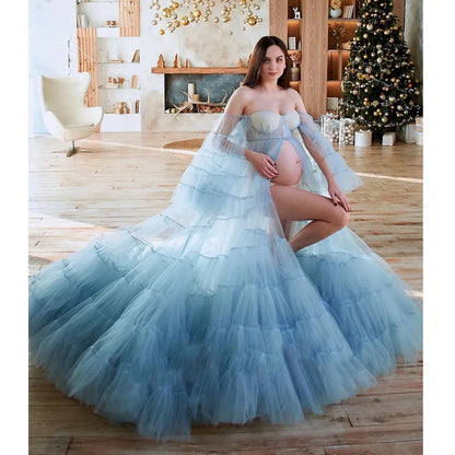 nvxiot  -  Fairy Blue Maternity Dresses Photoshoot Fluffy Tulle Puff Sleeves Elegant Maternity Dress for Pregnant Woman Babyshower Gowns