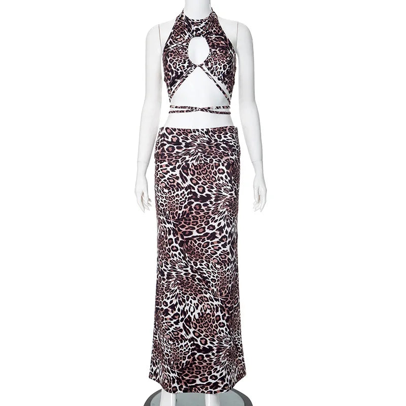 vzyzv  -  Leopard Hanging Neck Hollow Out Skirts Set Summer Sexy Bandage Backless Tank Top Low Waist Wrapped Hip Skirt Suit