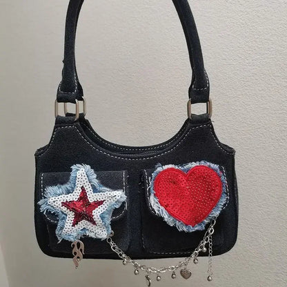 vzyzv  -  Women New Retro Y2k Aesthetic Star Heart Sequined Shoulder Bags Vintage Punk Korean Handbags Harajuku Chain Crossbody Bag Denim