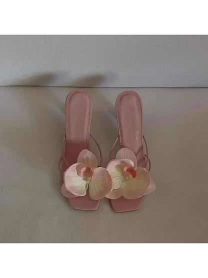 vzyzv -  Pink Red Green Orchid Flowers Decor Outside Women Hight Heels Slippers Summer 2024 Thin Heels Ladies Flipflops