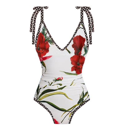 TAVIMART  -   Fashion V-neck Suspenders Floral Print One-piece Swimsuit Sexy Open Back Slim Beach Swimwear Tie New Bathing Suit2024