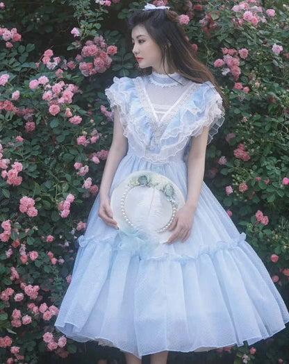 vzyzv -  Summer New Vintage Flying Sleeve Ruffles Fairy Dress for Women Princess Style Blue Party Evening Long Dresses Vestidos