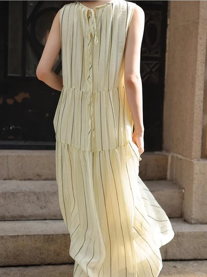 nvxiot  -  Loose Striped Dress 2024 Summer Small Fresh Round Neck Tie Fashion Casual Temperament Long Skirt