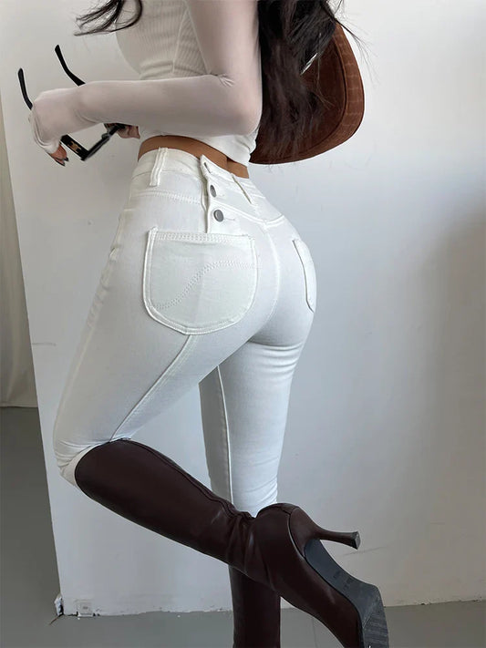 vzyzv  -  White High Waist Elastic Casual Jeans For Women's Autumn Winter New Design Pencil Pants Elegant Women Korean N4GS