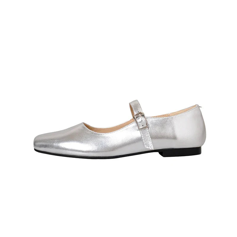 vzyzv  -  Casual Women Flats Spring Summer Office Ladies Silver Metal Color Mary Janes Shoes Woman Retro Style Concise Comfortable Flats