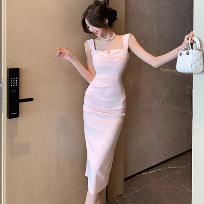 nvxiot  -  2024 Pink Bodycon Hip Wrap Dress Summer White Pleated Square Collar Sling Long Dress 2024 Black Elegant Sexy Club Evening Dress