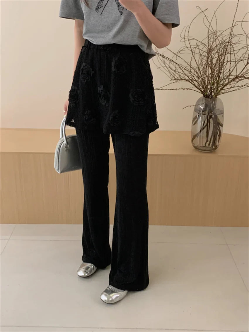 vzyzv -  New Slim Flare Fake Two Piece Trousers Women Loose Wide Leg All Match High Street Summer Chic Pants Florals Casual