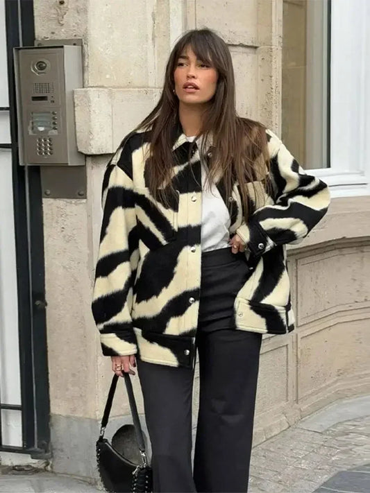 vzyzv  -  Women Elegant Zebra Printed Single Breasted Jacket Fashion Lapel Long Sleeves Loose Coat Autumn Chic Lady Commuting Outerwear