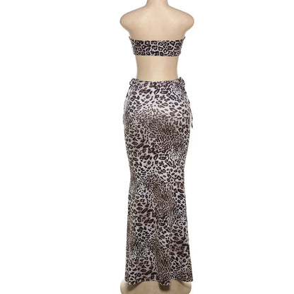 vzyzv  -  Leopard Pattern Skirts Set Strapless One Line Neck Metal Clasp Open Navel Vest High Waist Wrapped Hip Skirt Suit