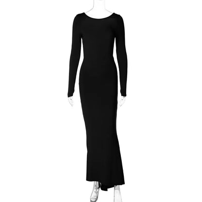 TAVIMART  -  new solid color sexy backless dress pleated long style slim dress with long sleeves