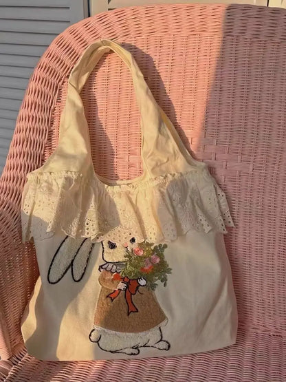 vzyzv  -  Rabbit Embroidery Beige Shoulder Bags Women Lolita Cute Lace Large Capacity Tote Bag Handbag Female Canvas Underarm Bag