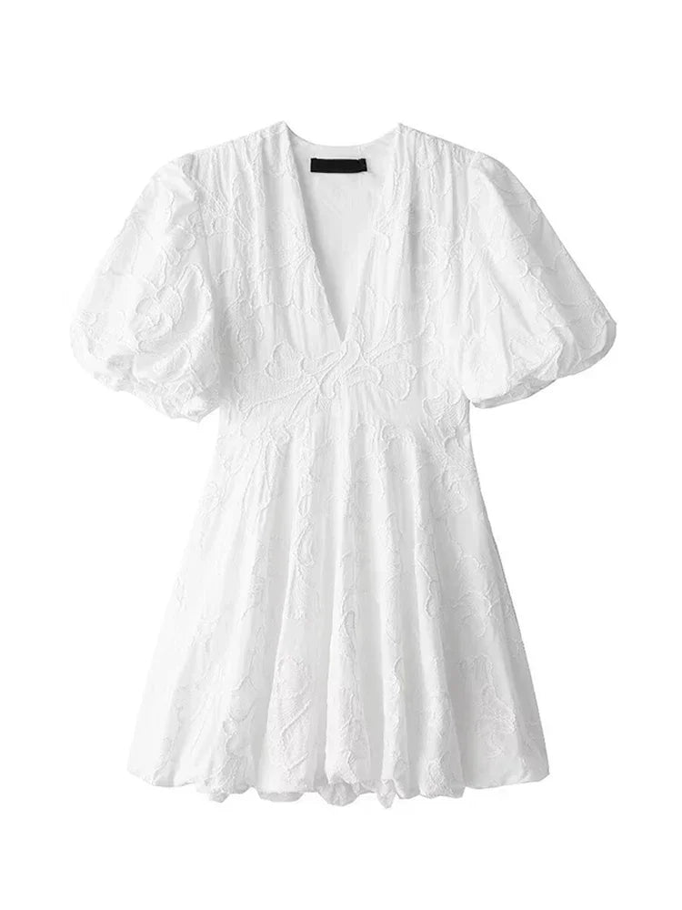 vzyzv -  Fashion Sexy V Neck Mini Dress for Women 2024 Summer Loose Short Puff Sleeve White Dresses Chic Elegant Female Street Vestidos