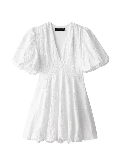 vzyzv -  Fashion Sexy V Neck Mini Dress for Women  Summer Loose Short Puff Sleeve White Dresses Chic Elegant Female Street Vestidos