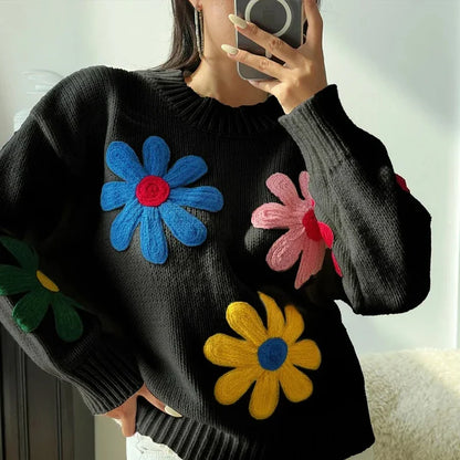 vzyzv  -  Autumn Knitted Women Sweater Sweet Flower Loose Long Sleeve O-neck Female Pullovers 2025 New Casual Loose Ladies Tops Streetwear