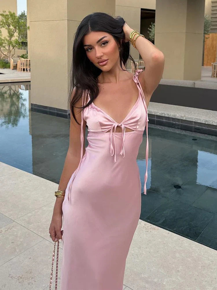 vzyzv -  Sexy Pink Hollow Out Women Sling Maxi Dress Fashion V-neck Sleeveless Backless Slim Satin Dresses Summer Lady Party Club Robes