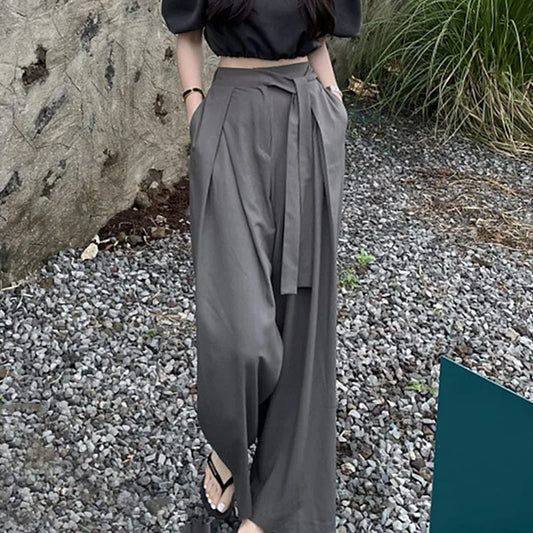 nvxiot  -  Fashion Women Wide Leg Pants Korea Chic High Waist Loose Mopping Suit Pants Elegant Lady Pleated Belt Strap Black Loose Trousers