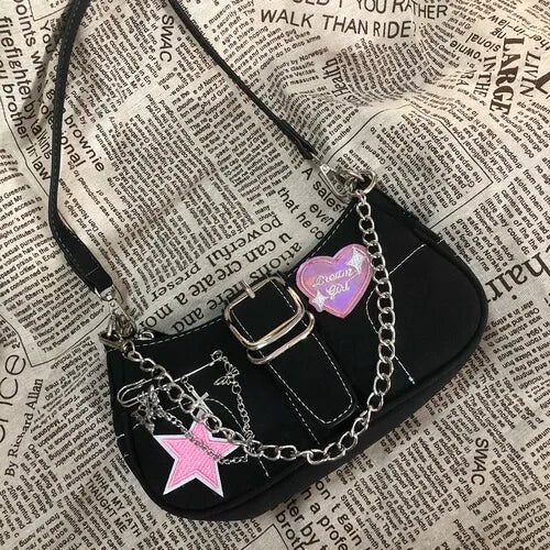 vzyzv  -  Korean Vintage Hottie Streetwear Moto Biker Shoulder Bag Y2k Chain Cool Girl Crossbody Bag Fashion Trendy Purses and Handbags