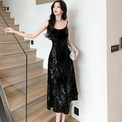 nvxiot  -  Female Velvet Sequins Luxury Sling Long Dress 2024 Korean Elegant Chic Dance Party Dress Autumn Winter Vintage Bodycon Vestidos