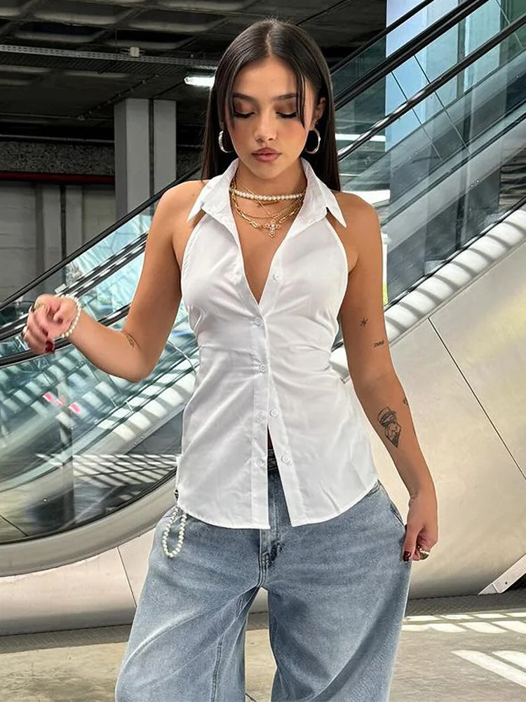 vzyzv -  POLO Lapel Buttons Shirt Vest Backless Lacing Women's Clothing Halter Solid Tops For Female Versatile 2024 Summer Clothes