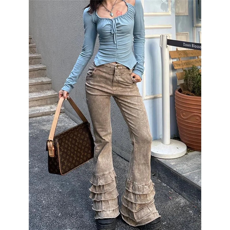 vzyzv  -  Brown High Waist Women Jeans Feeling Vintage Straight Casual Baggy Streetwear Y2K American Wide Leg Female Trouser Denim Pants