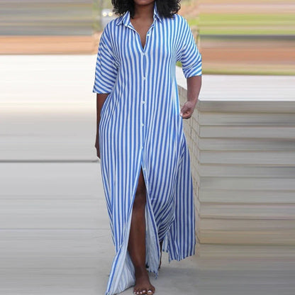 nvxiot  -  2024 Women's Turn-down Collar Half Sleeve Loose Dress Casual Single Breasted Split Long Dress Office Elegant Striped Shirt Dress