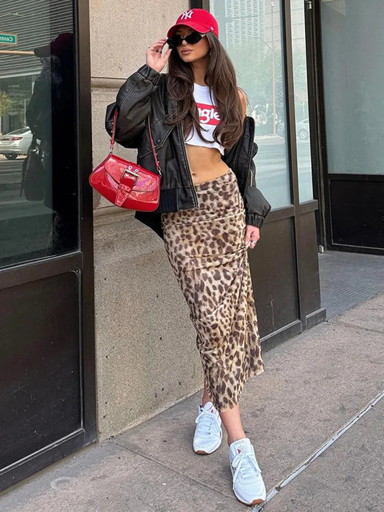 vzyzv  -  Leopard Print Maxi Skirt Women's Summer Slim Fashion Patchwork High Waist Streetwear Party Maxi Dress Elegant Maxi Skirt