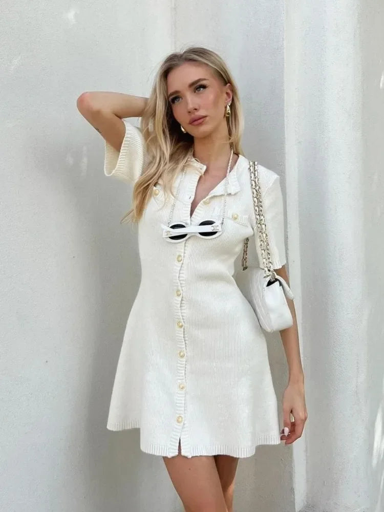 vzyzv -  Knitted Dress for Women Streetwear Vintage Fashion Dresses Solid Slim Button Short Sleeve Mini 2024 New Spring Summer Dress