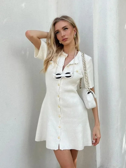 vzyzv -  Knitted Dress for Women Streetwear Vintage Fashion Dresses Solid Slim Button Short Sleeve Mini 2024 New Spring Summer Dress