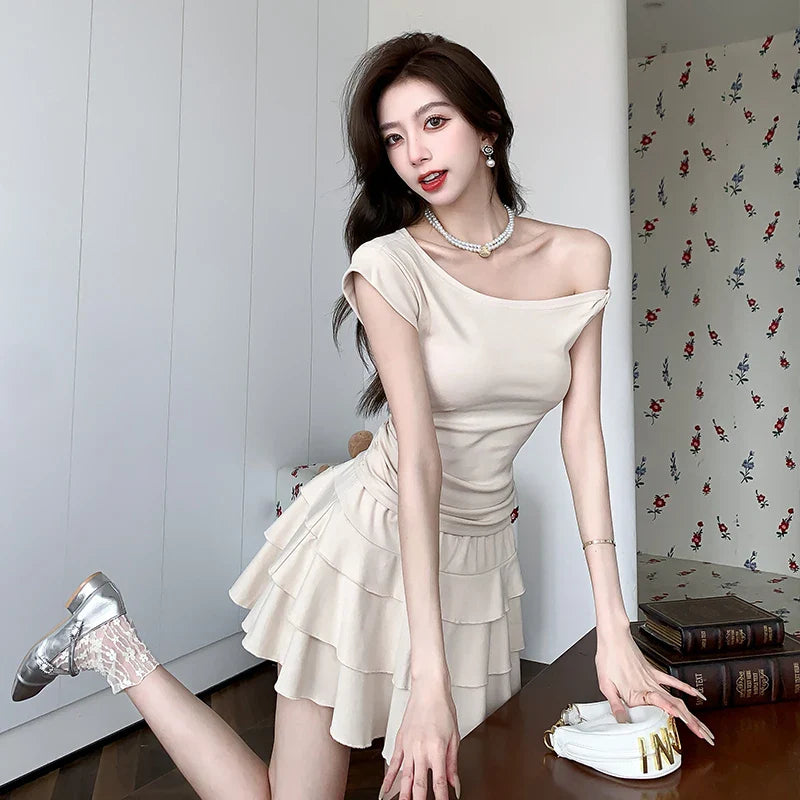 vzyzv -  Hot Girl Pure Sexy Suit Women's Summer Irregular Off Shoulder Top A-line Mini Cake Skirt Two-piece Set Fashion Female Clothes